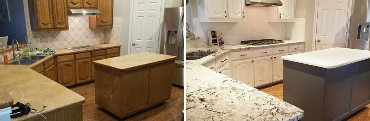 Stain to Paint Cabinets Before and After Photo. Before and After - Stain to Paint Cabinets with Accent Island