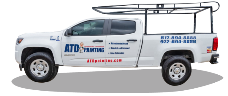 Illustration of ATD Painting truck driving across the DFW landscape