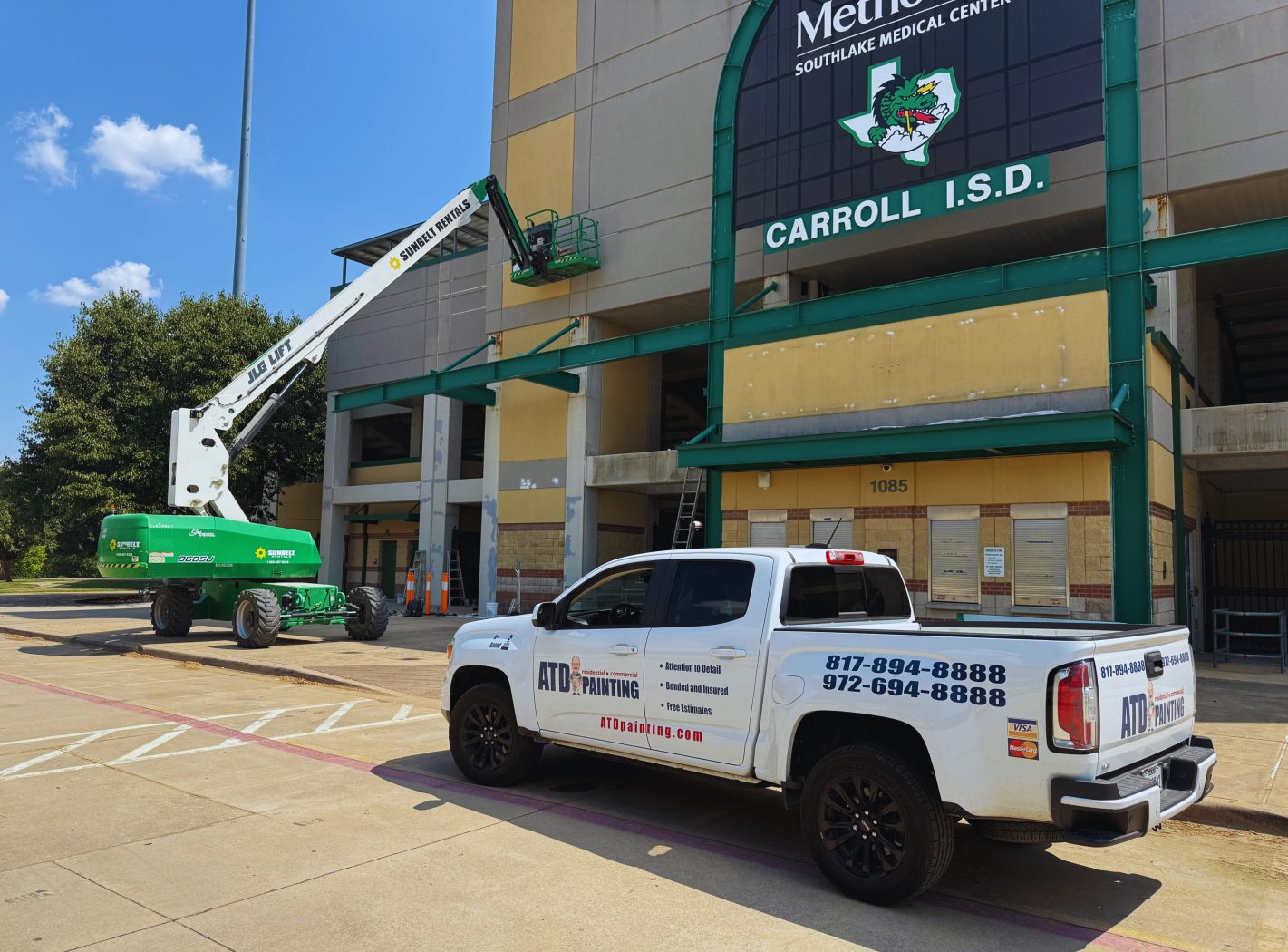 Commercial Exterior Painting, School Stadium, Lift System, Southlake, Texas, 76092, Commercial Painting Services in Dallas-Fort Worth